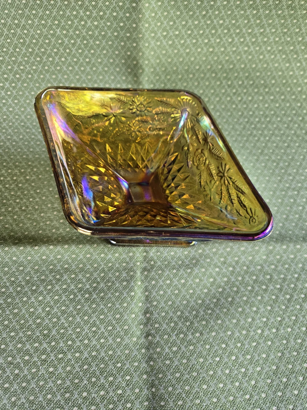 Indian Glass Iridescent Carnival Glass Pedestal Dish